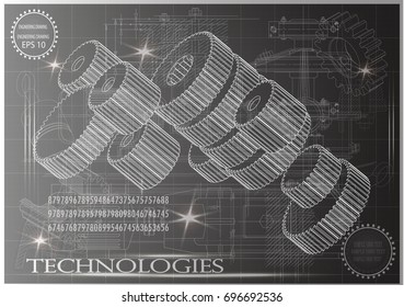 Drawings of cogwheels on a black background