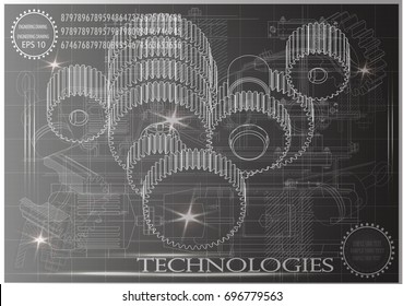 Drawings of cogwheels on a black background