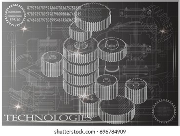 Drawings of cogwheels on a black background
