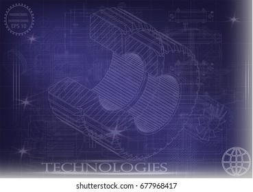 Drawings of cogwheels on a blue  background