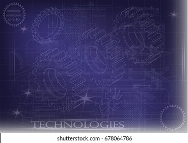 Drawings of cogwheels on a blue  background