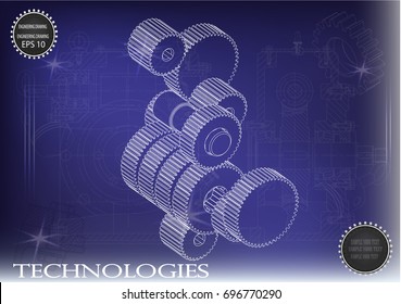 Drawings of cogwheels on a blue background