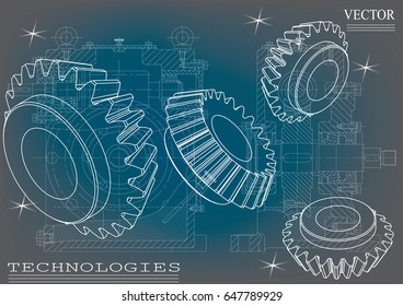 Drawings of cogwheels on a blue - gray