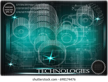 Drawings of cogwheels on a turquoise and  background
