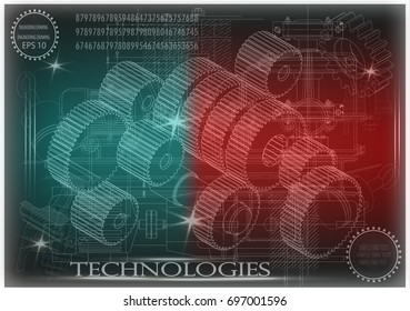 Drawings of cogwheels on a turquoise and red  background