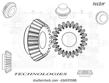 Drawings of cogwheels on a white background