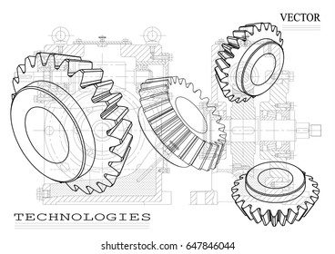 Drawings of cogwheels on a white  background