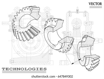 Drawings of cogwheels on a white  background