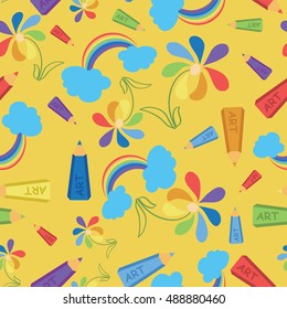Drawings with colored pencils. Art. Seamless pattern. Making of textiles, tapestries, tableware for children.