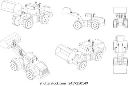 Drawings of construction vehicles from many angles.,Construction, transportation and building construction