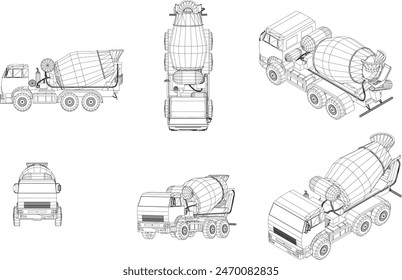 Drawings of construction vehicles from many angles.,Construction, transportation and building construction