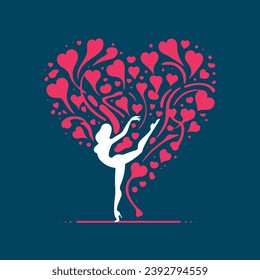 Drawings of a dancing girl's silhouette with hands raised and hearts
