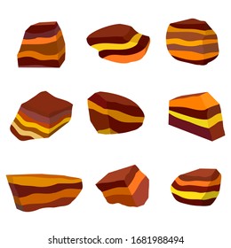 The drawings depict a set of nine pieces of cake or pie. Pieces consist of layers of different colors. All pieces have a different shape.