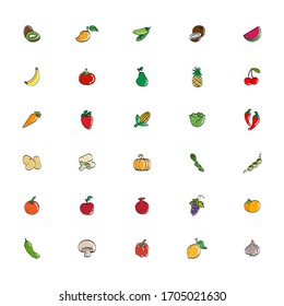 Drawings of different healthy fruits and vegetables. Drawing done in loose stroke. Editable vector.