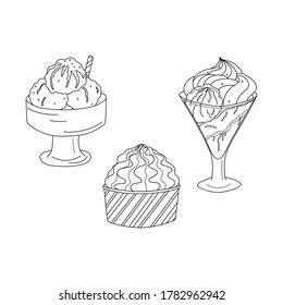 Drawings of different ice cream on a white background. Vector hand-drawn illustration.