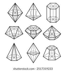 Drawings of different shapes. Set of geometric figures triangular pyramid, hexagonal pyramid, crystals of different shapes. In graphic style of line art. Black and white vector illustration