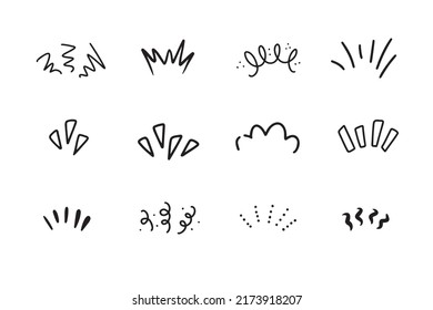 Drawings doodle set illustrations of lines showing concentrated lines, awareness, inspiration, sunburst, sun rays, surprises, etc. Vector illustration