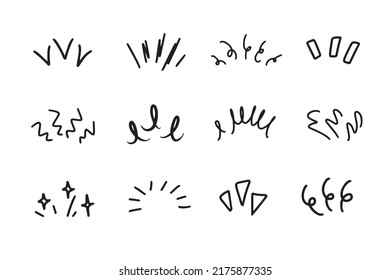 Drawings doodle set illustrations of lines showing concentrated lines, awareness, inspiration, sunburst, sun rays, surprises, etc. Vector illustration