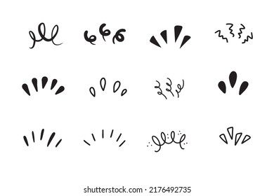 Drawings doodle set illustrations of lines showing concentrated lines, awareness, inspiration, sunburst, sun rays, surprises, etc. Vector illustration