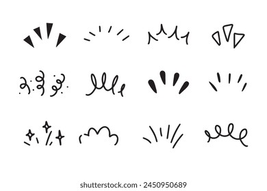 Drawings doodle set illustrations of lines showing concentrated lines, awareness, inspiration, sunburst, sun rays, surprises, etc. Vector illustration