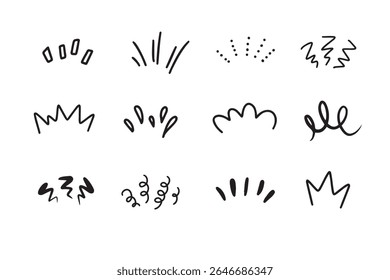 Drawings doodle set illustrations of lines showing concentrated lines, awareness, inspiration, sunburst, sun rays, surprises, etc. Vector illustration