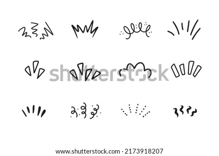 Drawings doodle set illustrations of lines showing concentrated lines, awareness, inspiration, sunburst, sun rays, surprises, etc. Vector illustration