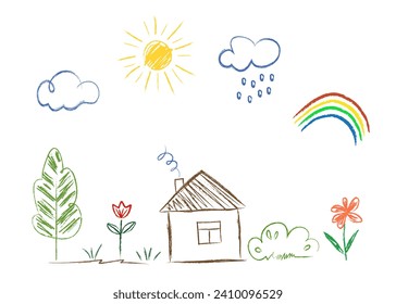 Drawings are drawn by a child's hand with colored pencils. House sun clouds rainbow flowers tree. Simple drawings, lines on a white background