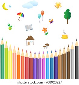 Drawings, drawn with colored pencils. A set of colored pencils.                     