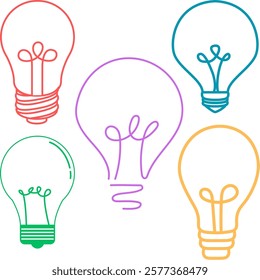 Drawings of five assorted color and size of light bulbs as symbol of ideas. 