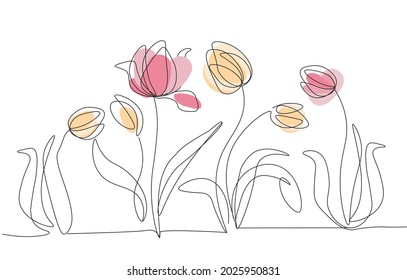 Drawings of flowers. Beautiful watercolor tulips in one line style. Collection of plants for postcards, posters and wall decoration. Minimalistic flat vector illustration isolated on white background