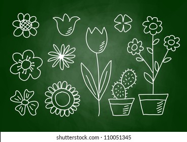 Drawings of flowers on blackboard