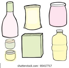 Drawings of a generic bottle, jars, box and bag used for food and drinks.
