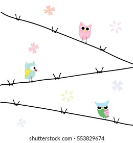 Drawings hand assembled background Three cute owls stand Island wire stretched in the air.