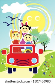 drawings of happy children on the road in nature with happy colors and birds