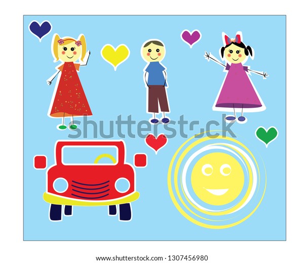 drawings of happy children on the road in nature\
with happy colors and\
hearts