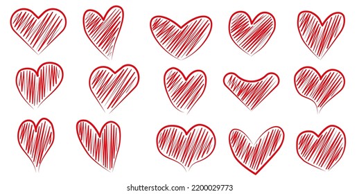 Drawings of a heart with red paint inside on a white background.