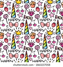 
Drawings of items. Multi-colored background. Seamless pattern. Vector graphics.
