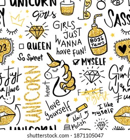 Drawings and letterings like unicorn, diamond, lip and crown seamless pattern repeating texture background. Design for fashion graphics, prints, fabrics, wallpapers etc