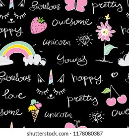 Drawings like rainbow, unicorn, flower and words like happy, awesome, love seamless repeating pattern texture / Vector illustration design for fashion fabrics, wallpapers and other uses