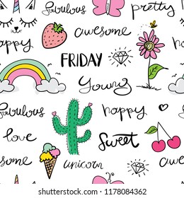 Drawings like rainbow, unicorn, flower and words like happy, awesome, love seamless repeating pattern texture / Vector illustration design for fashion fabrics, wallpapers and other uses