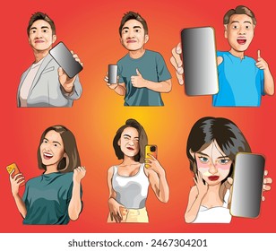 Drawings of men and women using their phones to express various emotions. About money, business, fortune and advertising.