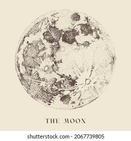 Drawings of a moon in ink pointillism style drawing, use for decoration, holiday, celebration, wedding, birthday, greeting, Thank you, Menu, invitation, fashion, Beauty, Tattoo. 