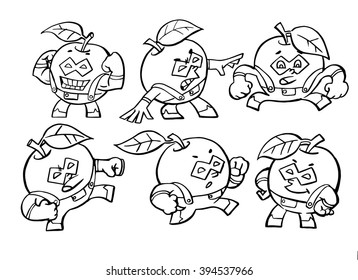 Drawings of a nice apple posing as a superhero.
Showing muscles, runs, fights, jumps and slides.
