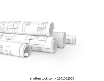 Drawings on paper rolled up on a white background. Vector illustration