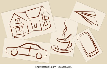 drawings on paper sketches and sketches of the house and coffee machine