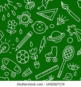 Drawings on the school blackboard. Decorative seamless background of linear school icons. Seamless pattern with school elements. Vector illustration.