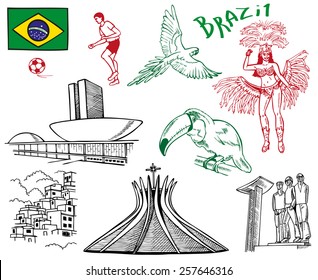 drawings on the theme of Brazil: birds, architecture, flag, people