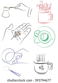 Drawings on the theme of coffee, container for cooking, beans, cup, the inscription