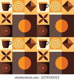 Dibujos sobre el tema del café con formas geométricas simples.  Diseño de café con un patrón geométrico impecable.  Adecuado para marca, decoración de embalaje, diseño de portada, impresión decorativa, fondo.