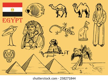 Drawings on the theme of Egypt: architecture, flora and fauna, people